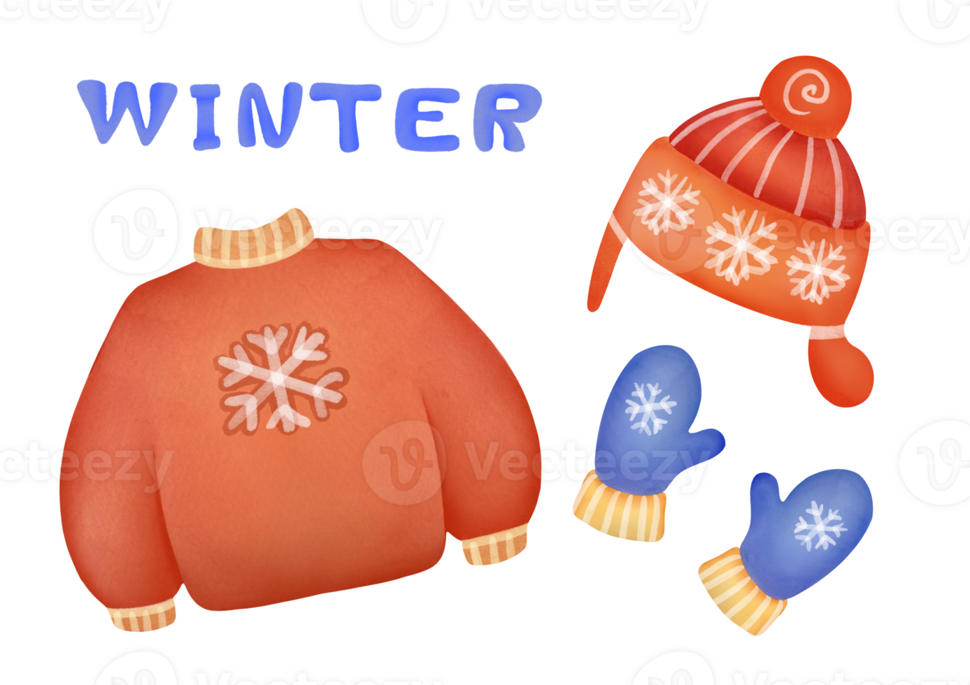 Kids Winter knitted sweater, woolen hat, warm mittens isolated on transparent background. headwear, cold weather children accessories cut out collection. childish garment cute watercolor clipart set png