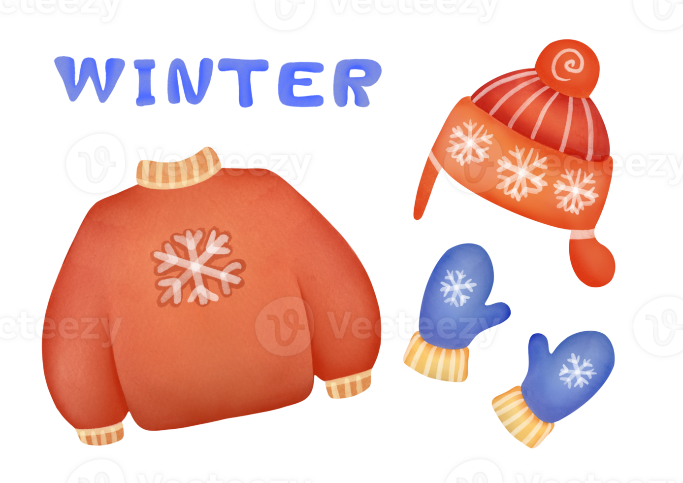 bambini inverno a maglia maglione, di lana cappello, caldo guanti isolato su trasparente sfondo. copricapo, freddo tempo metereologico bambini Accessori tagliare su collezione. infantile indumento carino acquerello clipart impostato png