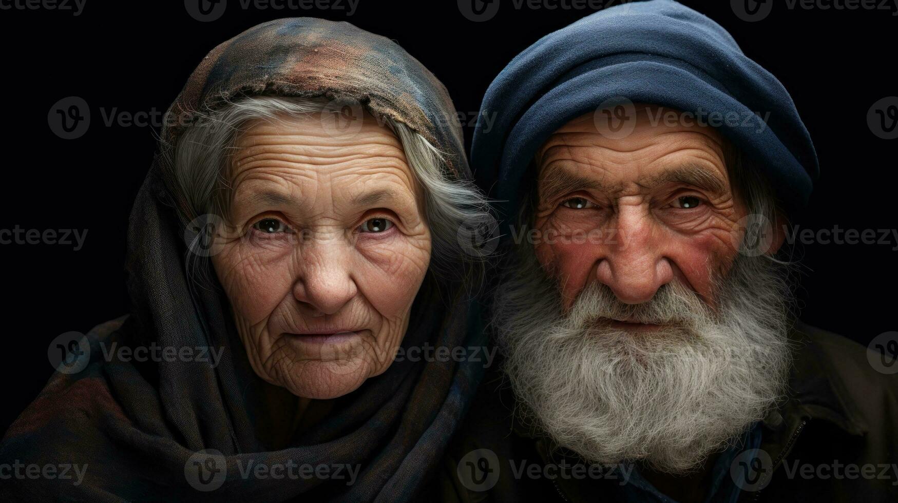 Joint portrait of Muslim elderly couple husband and wife 70-90 years old. Close up of smiling faces of old people in a headscarf and turban. Mother and father. Grandparents. AI generated photo