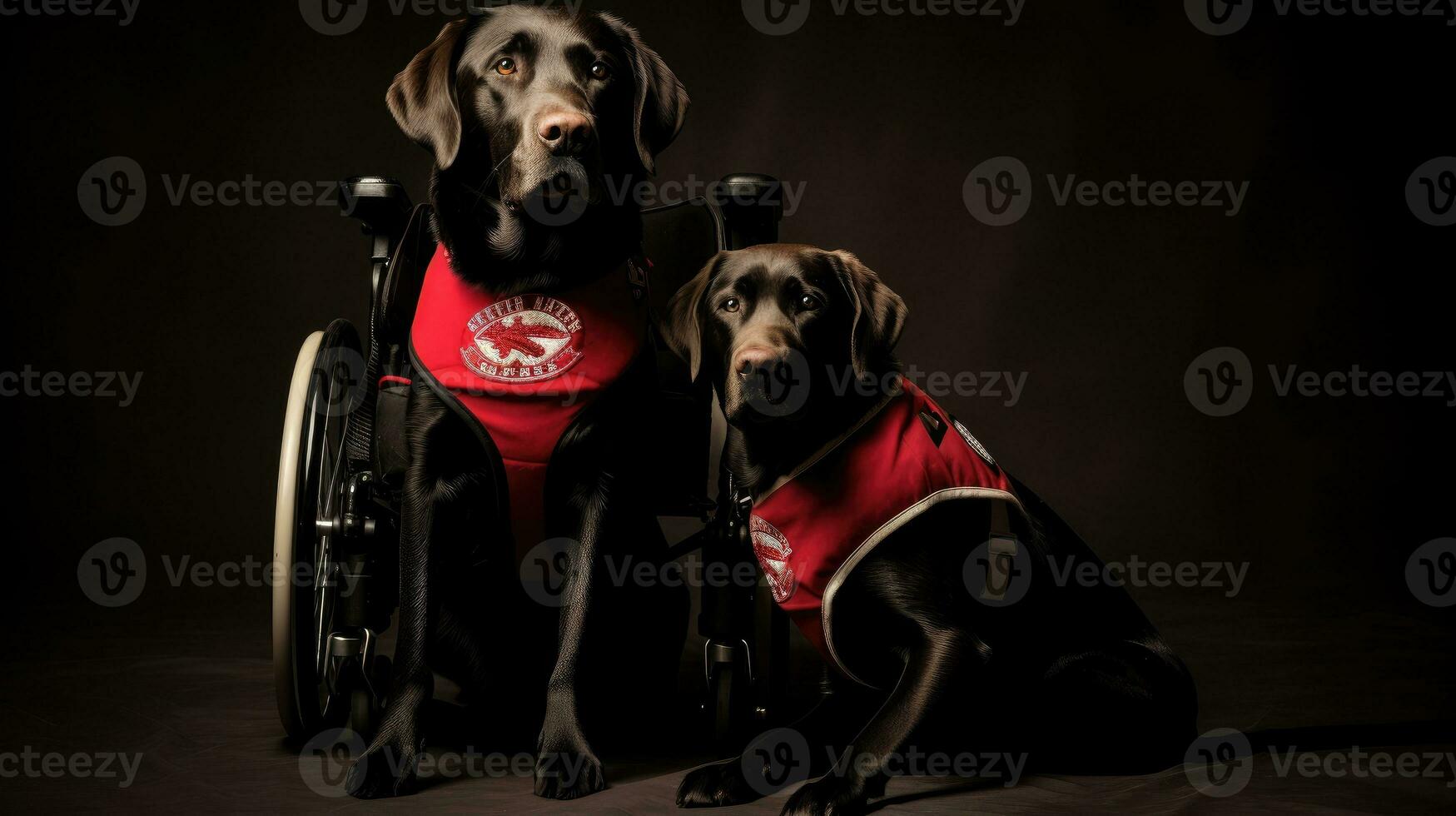 Therapy animals in lives of individuals with PTSD. Soothing presence of ervice dog providing comfort and support. Two black therapy service dogs in uniform. dog is disabled in wheelchair. AI generated photo