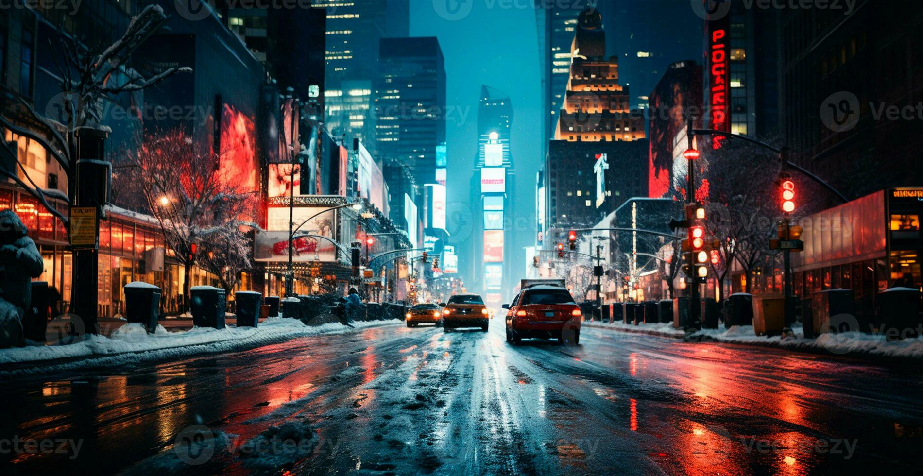 Night snowy Christmas American city New York, New Year holiday, blurred background - AI generated image photo