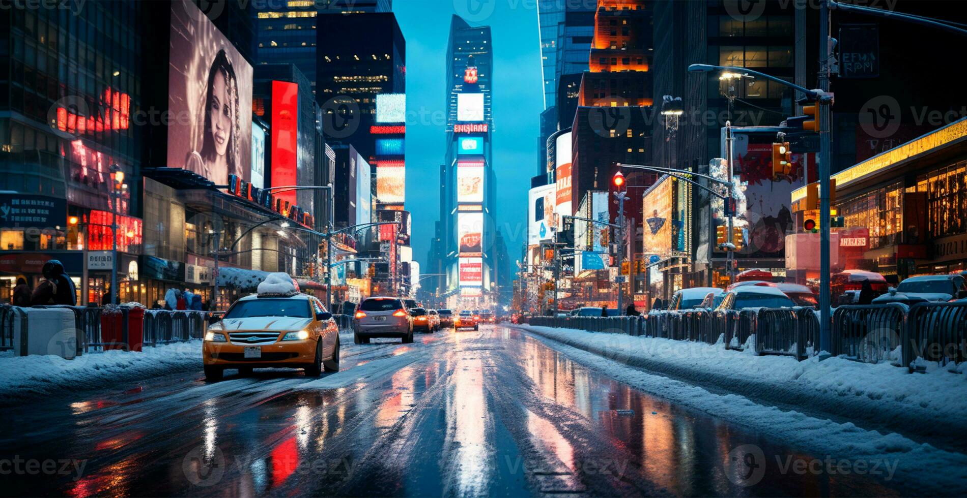 Night snowy Christmas American city New York, New Year holiday, blurred background - AI generated image photo