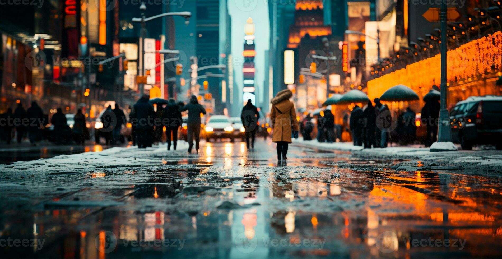 noche Nevado Navidad americano ciudad nuevo york, nuevo año día festivo, borroso antecedentes - ai generado imagen foto