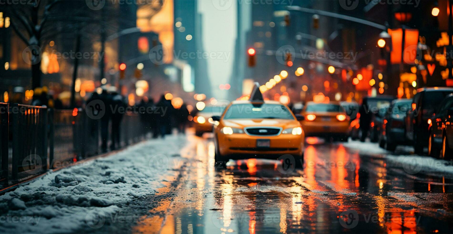 noche Nevado Navidad americano ciudad nuevo york, nuevo año día festivo, borroso antecedentes - ai generado imagen foto