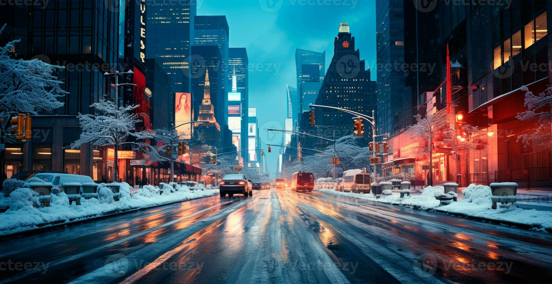 Night snowy Christmas American city New York, Manhattan area, New Year, blurred background - AI generated image photo