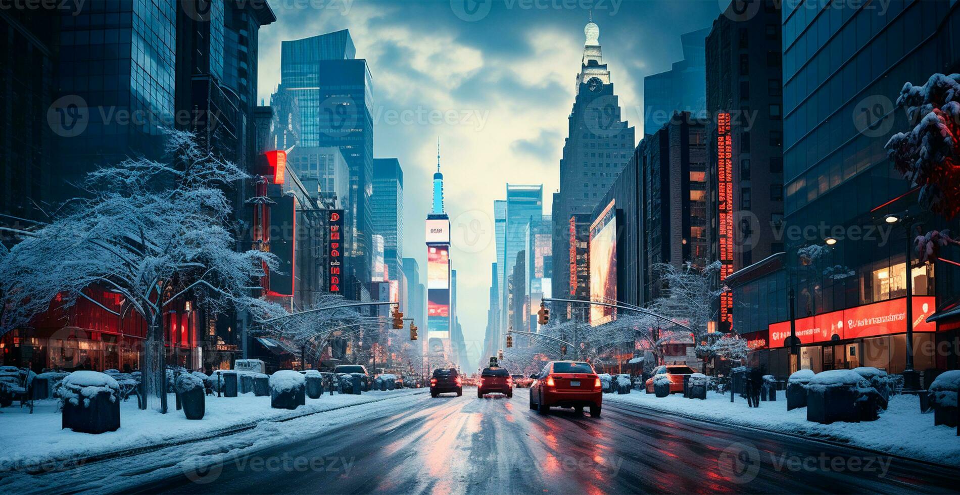 noche Nevado Navidad americano ciudad nuevo york, Manhattan área, nuevo año, borroso antecedentes - ai generado imagen foto