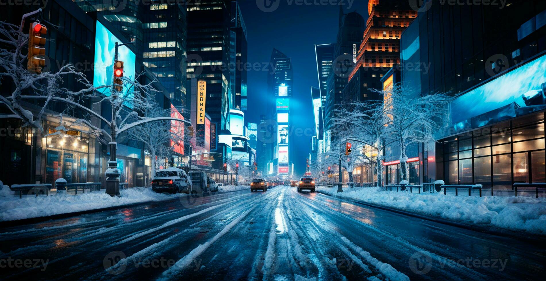 noche Nevado Navidad americano ciudad nuevo york, Manhattan área, nuevo año, borroso antecedentes - ai generado imagen foto