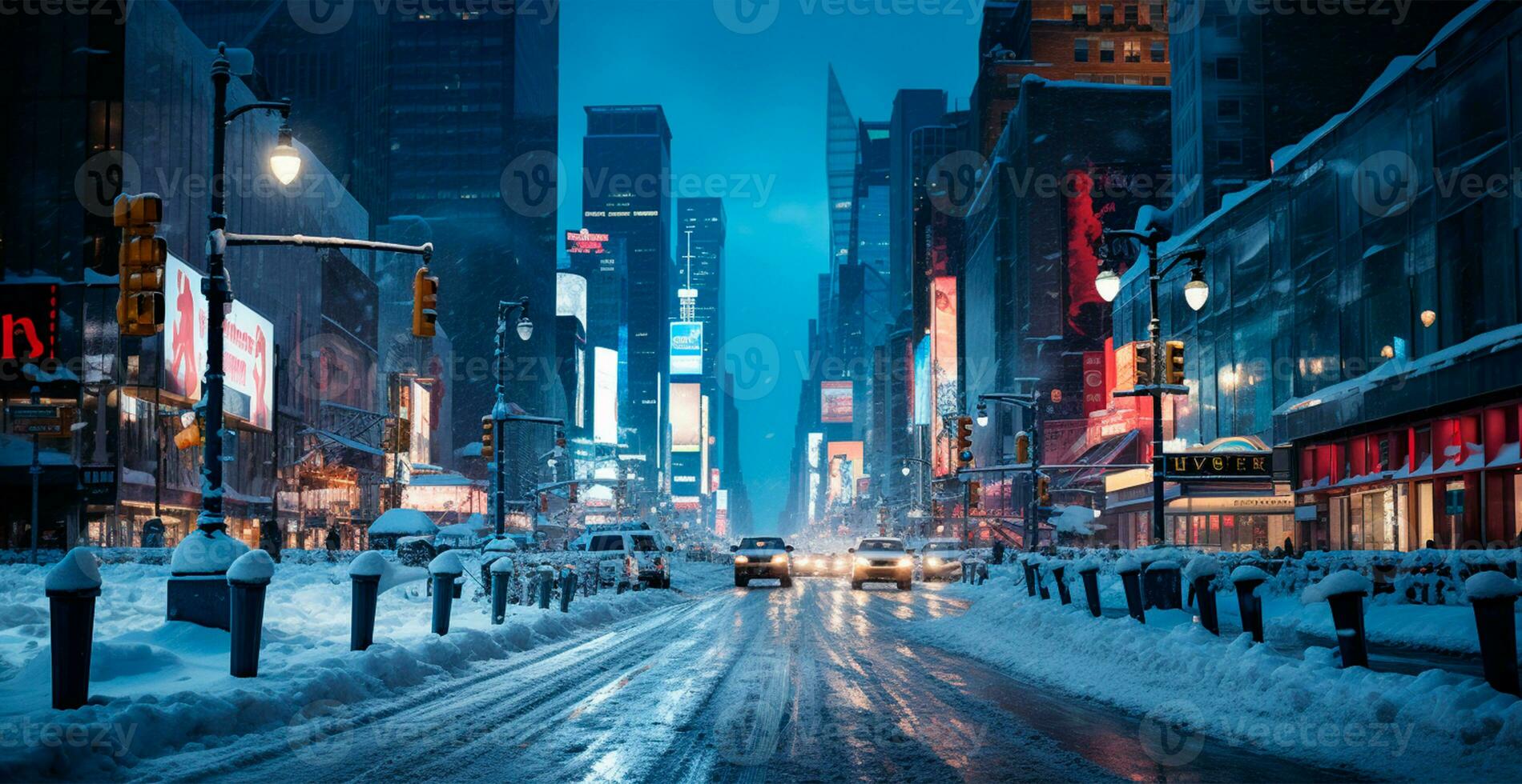 Night snowy Christmas American city New York, Manhattan area, New Year, blurred background - AI generated image photo