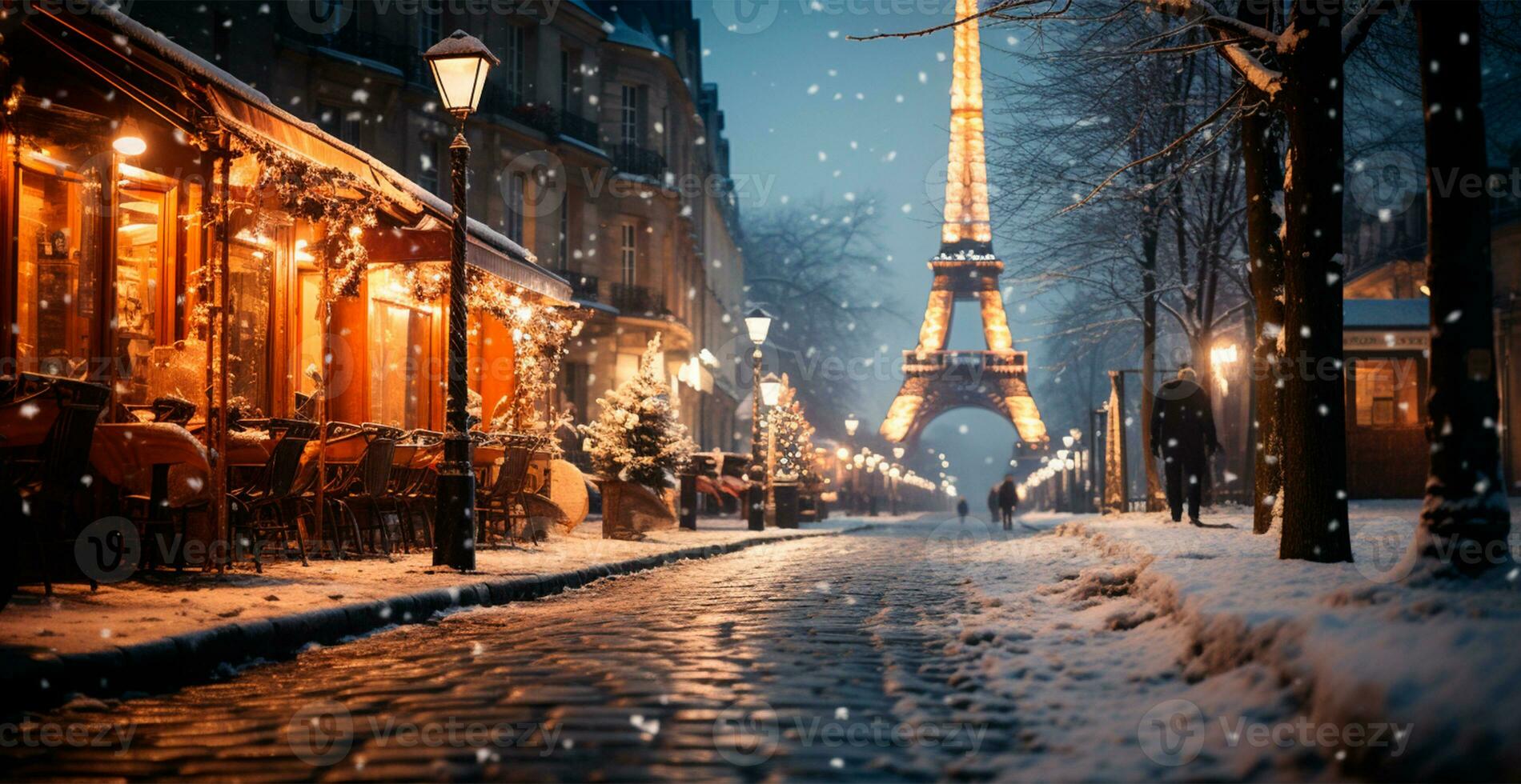 Night snowy Christmas Paris, New Year holiday, blurred background - AI generated image photo