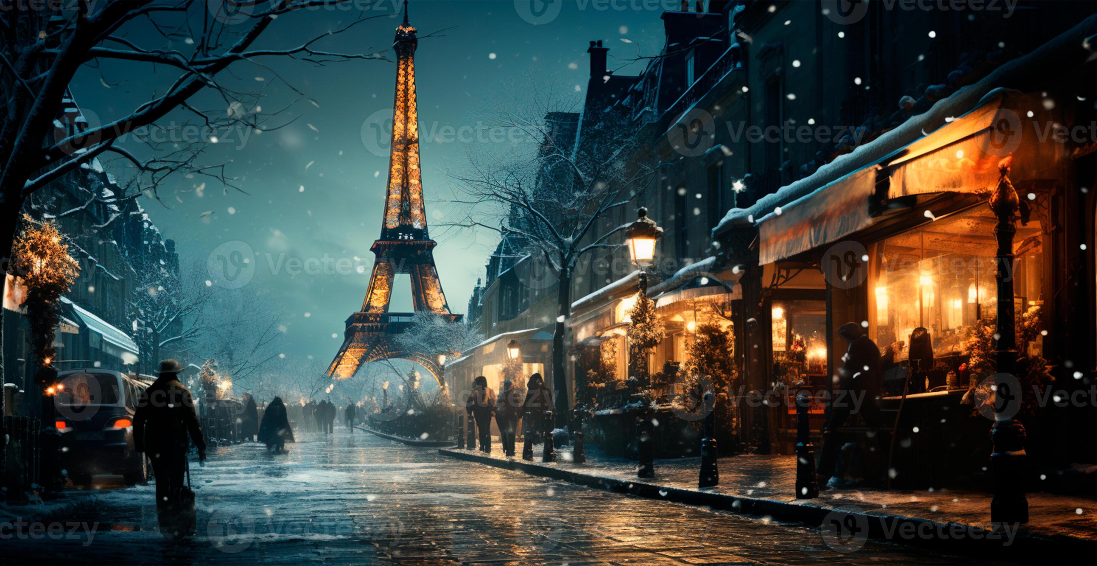 Night snowy Christmas Paris, New Year holiday, blurred background AI