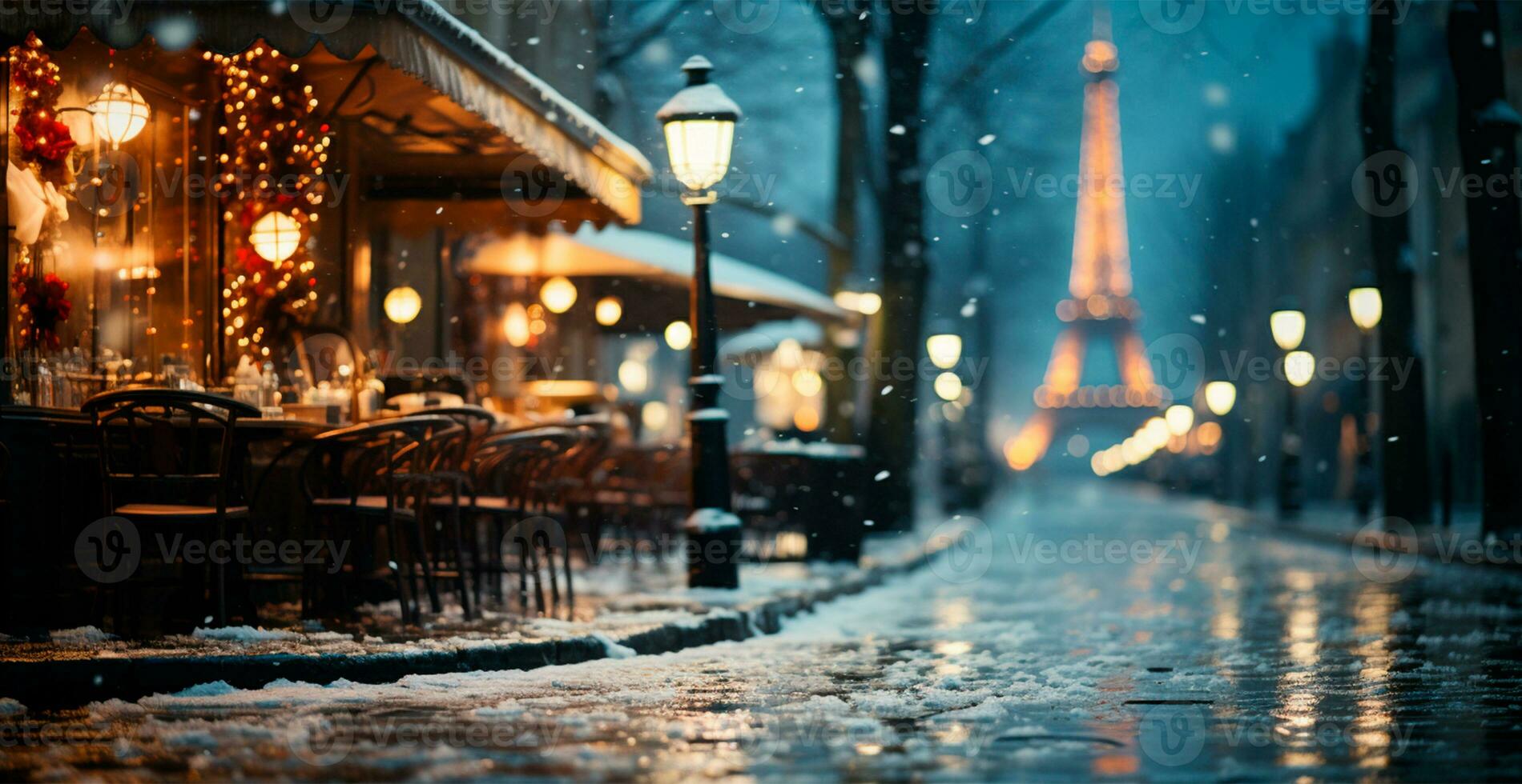 noche Nevado Navidad París, nuevo año día festivo, borroso antecedentes - ai generado imagen foto