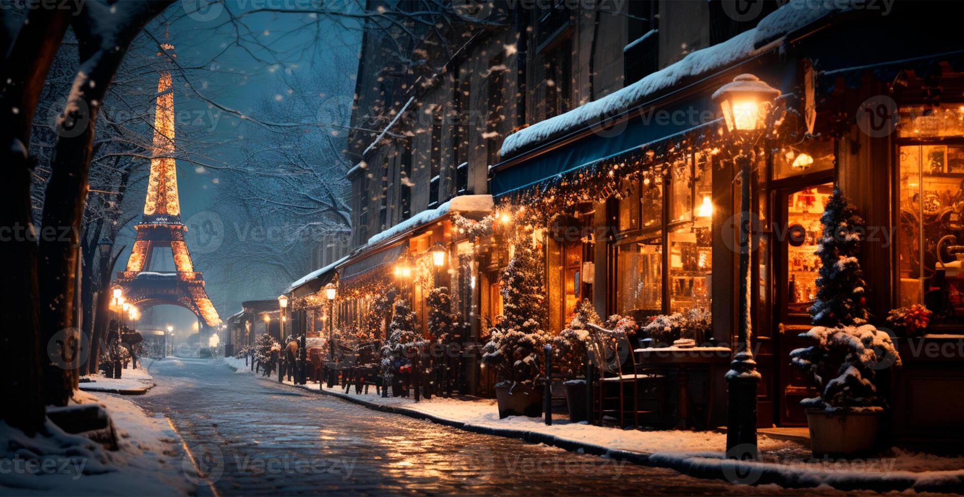 Night snowy Christmas Paris, New Year holiday, blurred background AI