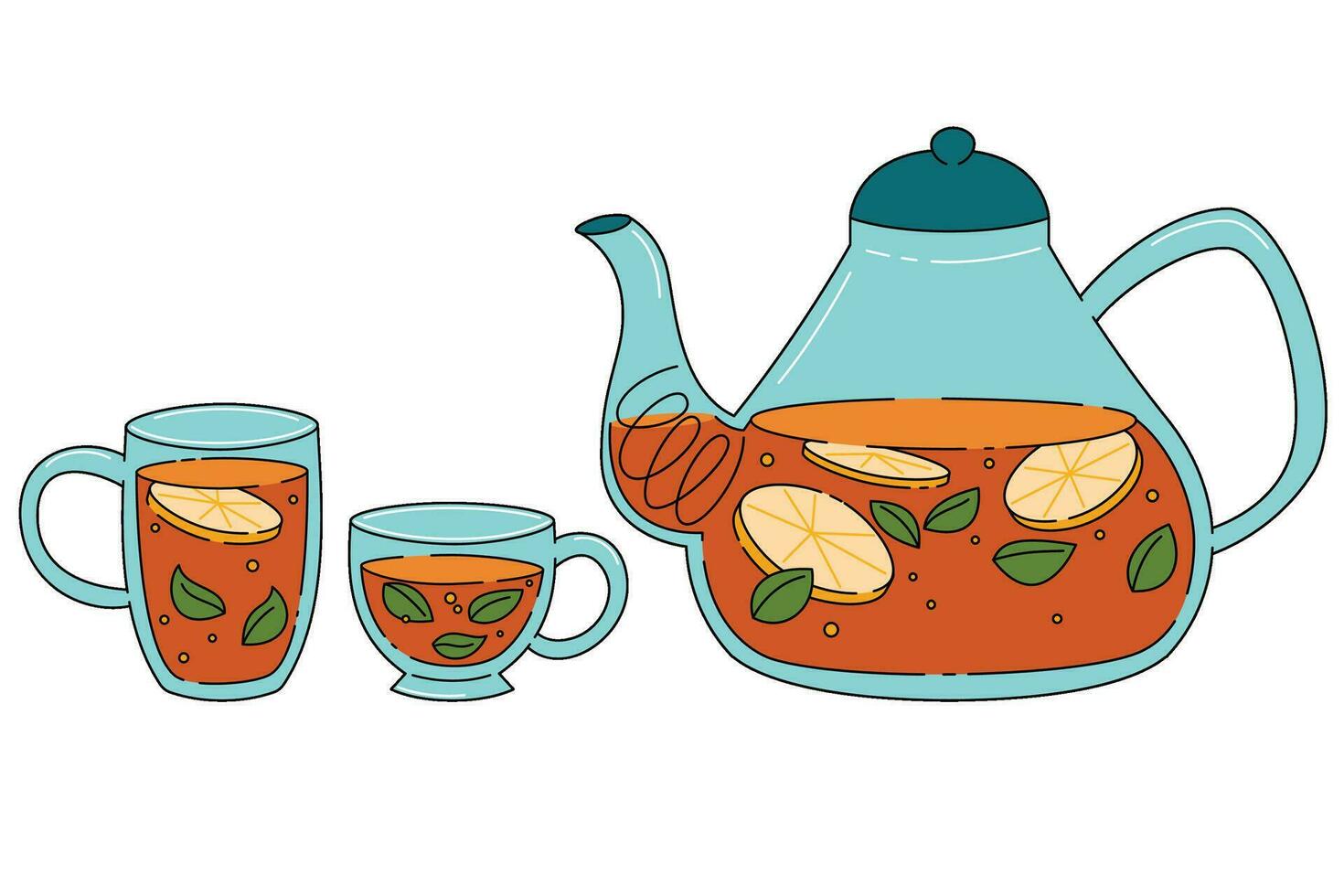Tea ceremony set of glass teapot and cup bowls of tea with lemon and mint vector