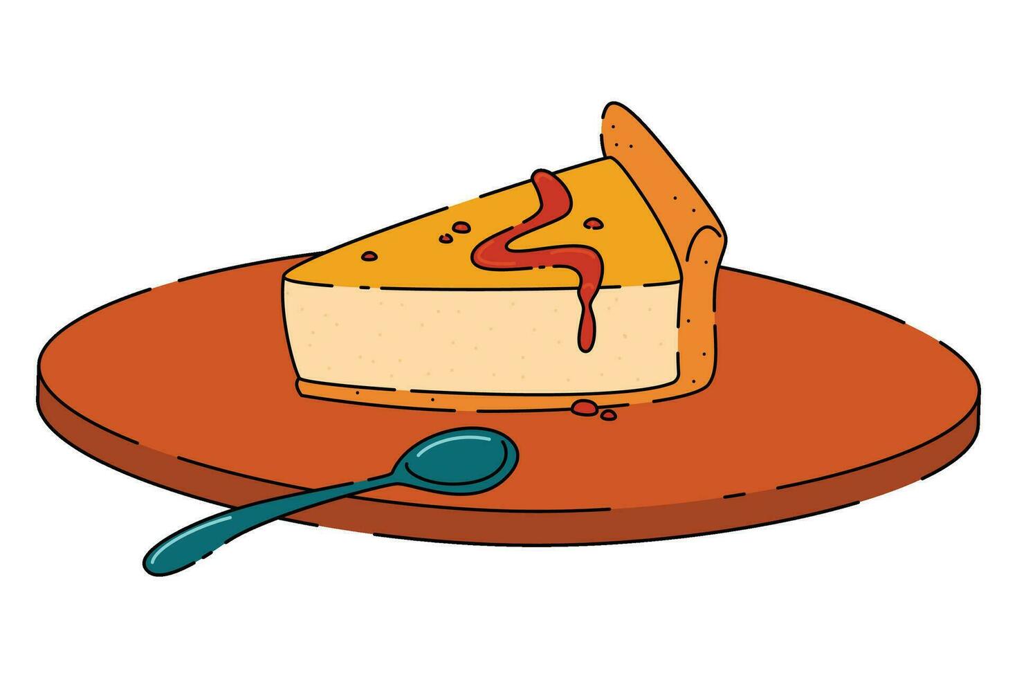 A piece of cheesecake sprinkled with jam on a stand Slice of classic cream cheesecake icon vector. vector