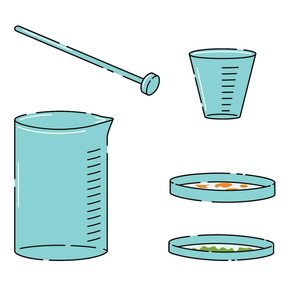 Glass instruments equipment for chemical experiments, flasks, stick, petri dish vector