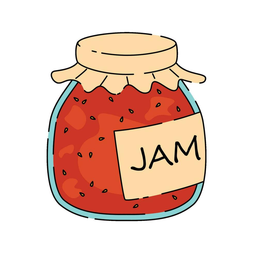 Homemade jar of preserving the fruit . Glass jar with berry jam. Berry marmalade. Autumn harvest season. Vector