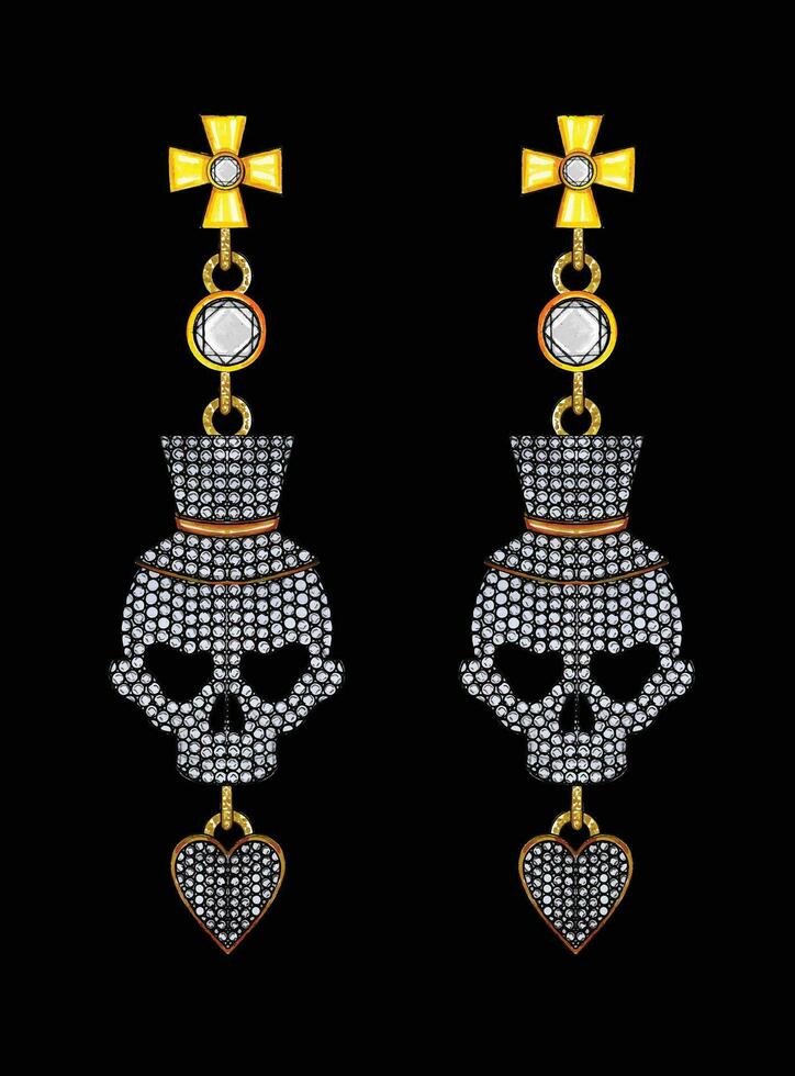 Jewelry design diamond set with fancy skull earrings hand drawing and painting make graphic vector. vector