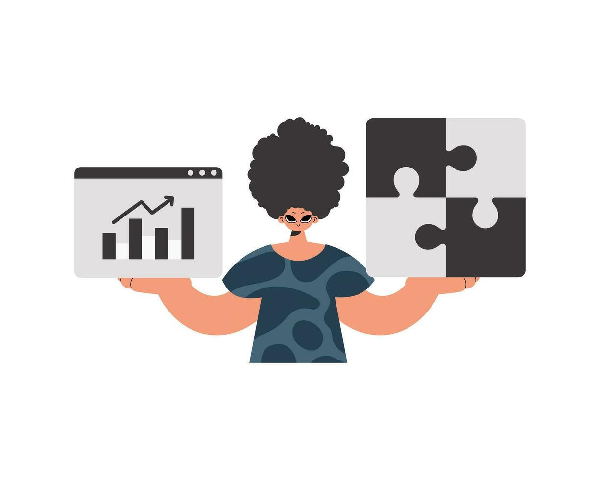 The fellow is holding a confuse and a positive development chart. Thought group work. Disconnected. Trendy style, Vector Illustration