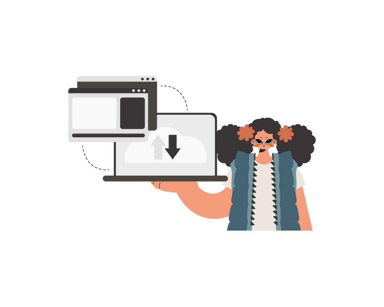 The young lady is holding a tablet in which information is being synchronized. Separated. Trendy style, Vector Illustration