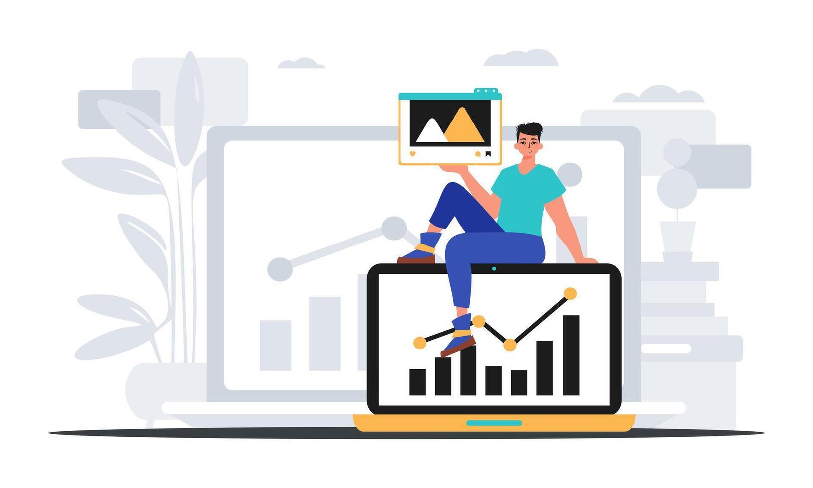 Guy with movie and growth graph . The repress of capable mark plan . digital commercialize concept. Trendy style, Vector Illustration