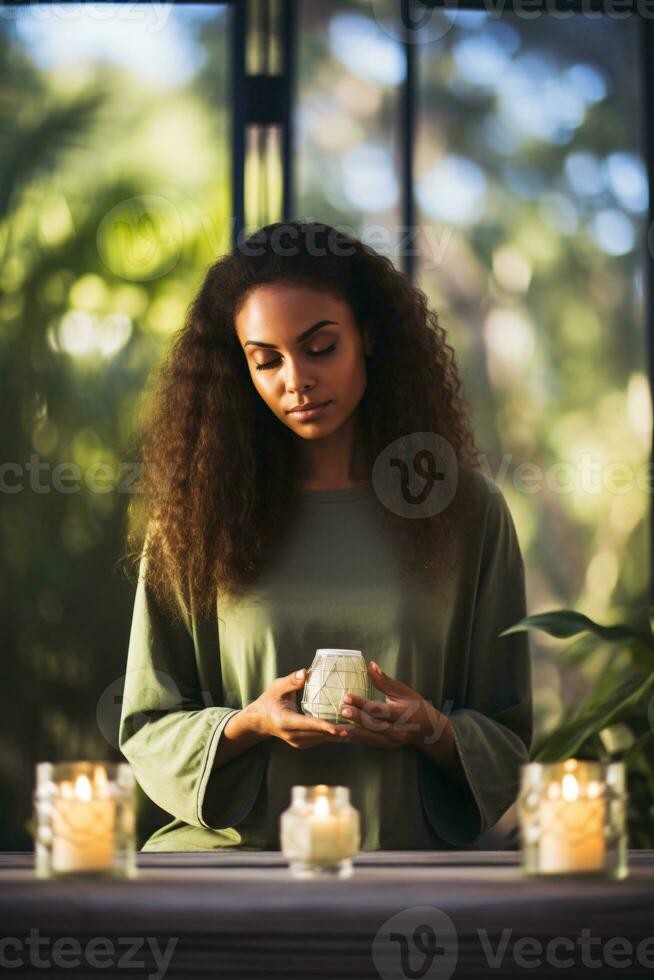 Serene Individual Embracing Mindfulness Surrounded by Lush Greenery and Symbols of Self-Care AI Generative photo