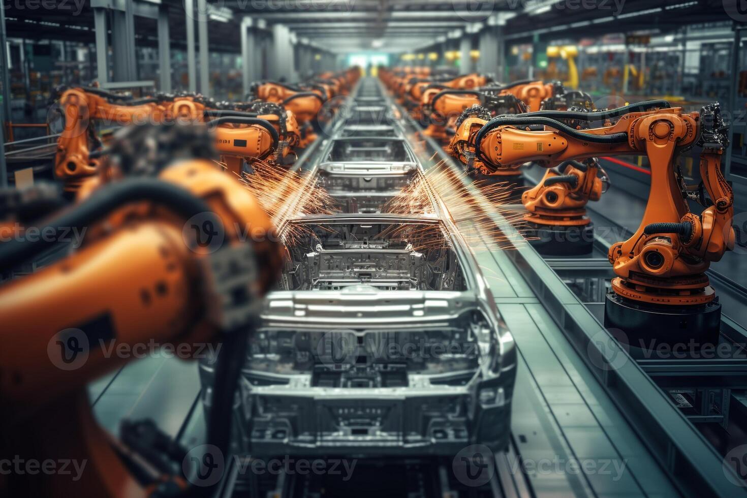 Overhead view of robotic precision on an automotive assembly line photo