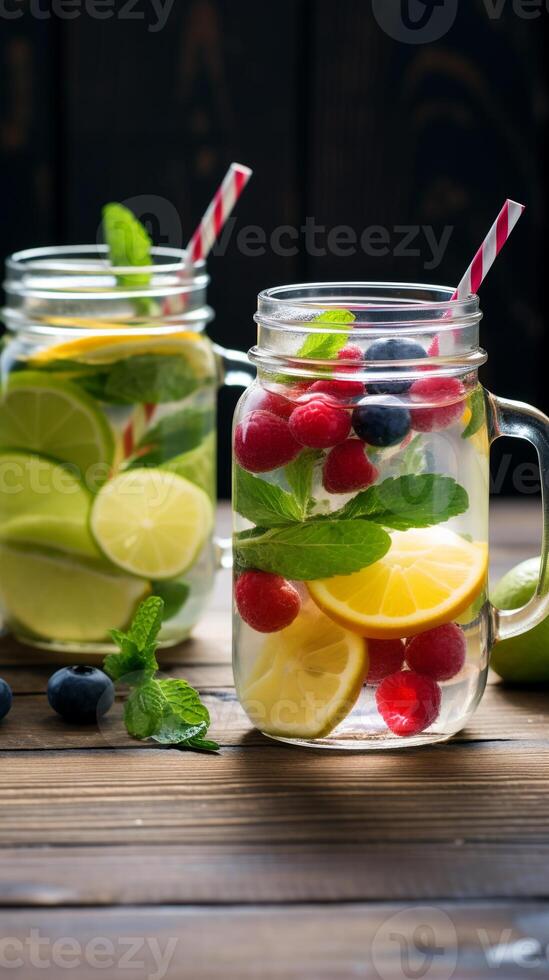 Trendy Assortment of Detox Fruit Water in Vibrant Mason Jars on a Rustic Wooden Tabletop AI Generative photo