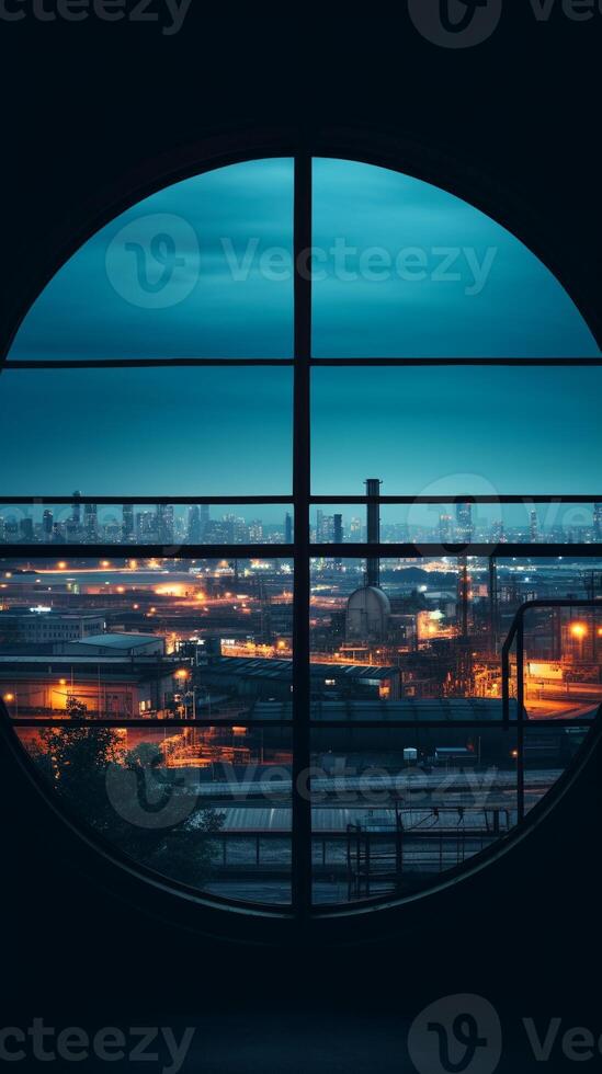 Overlooking a bustling manufacturing plant through a circular window photo