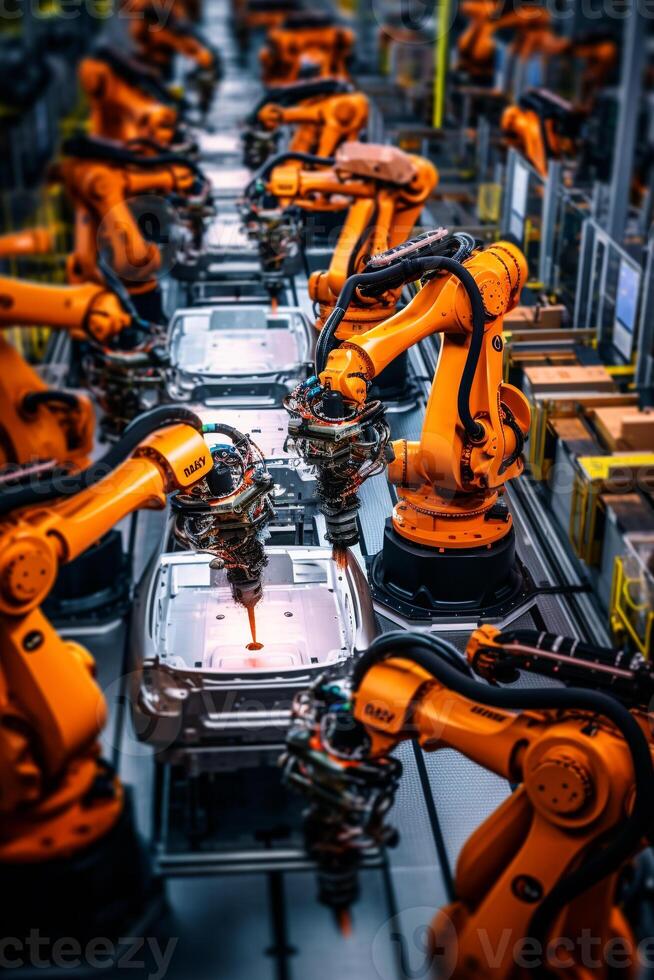 Overhead view of robotic precision on an automotive assembly line photo