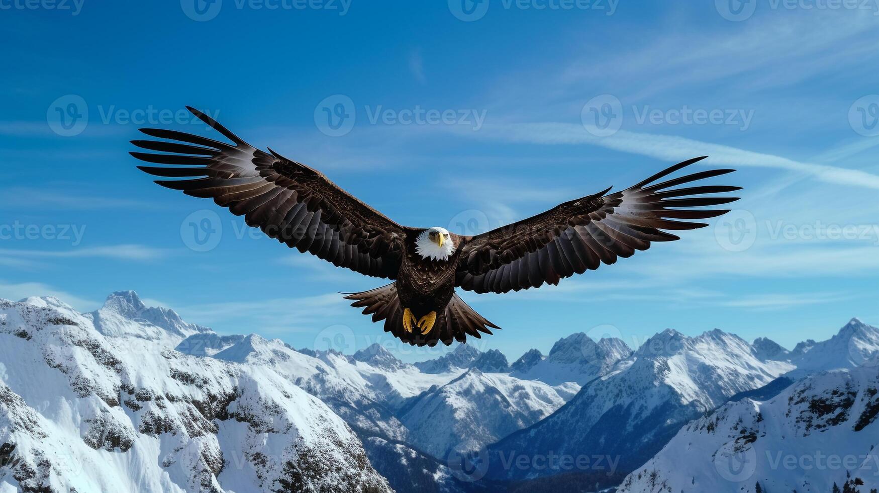 Majestic eagle soaring above a pristine, snow-capped mountain range under a blue sky photo