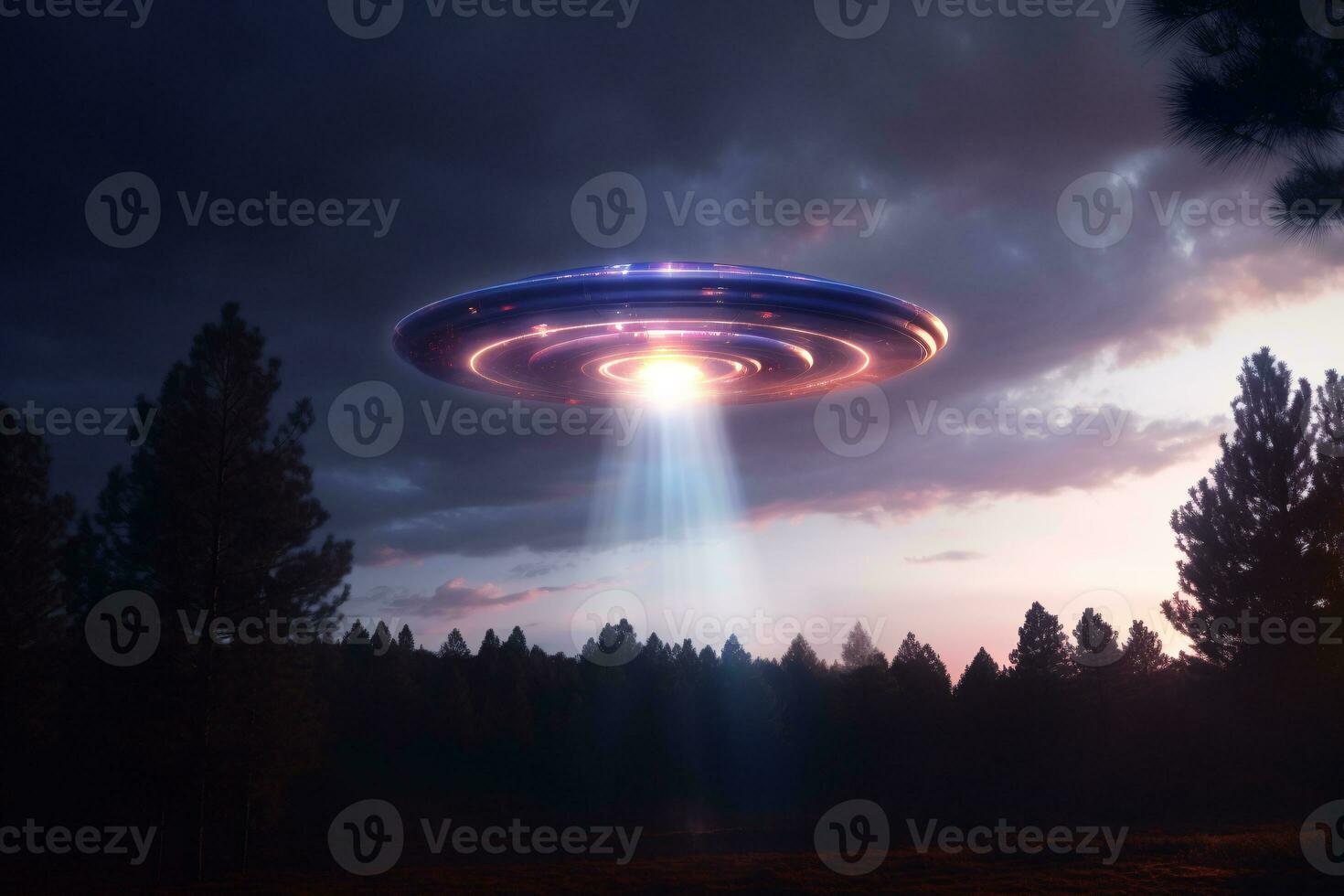 Mysterious UFO sighting in the twilight sky emitting an iridescent glow and mesmerizing light patterns AI Generative photo