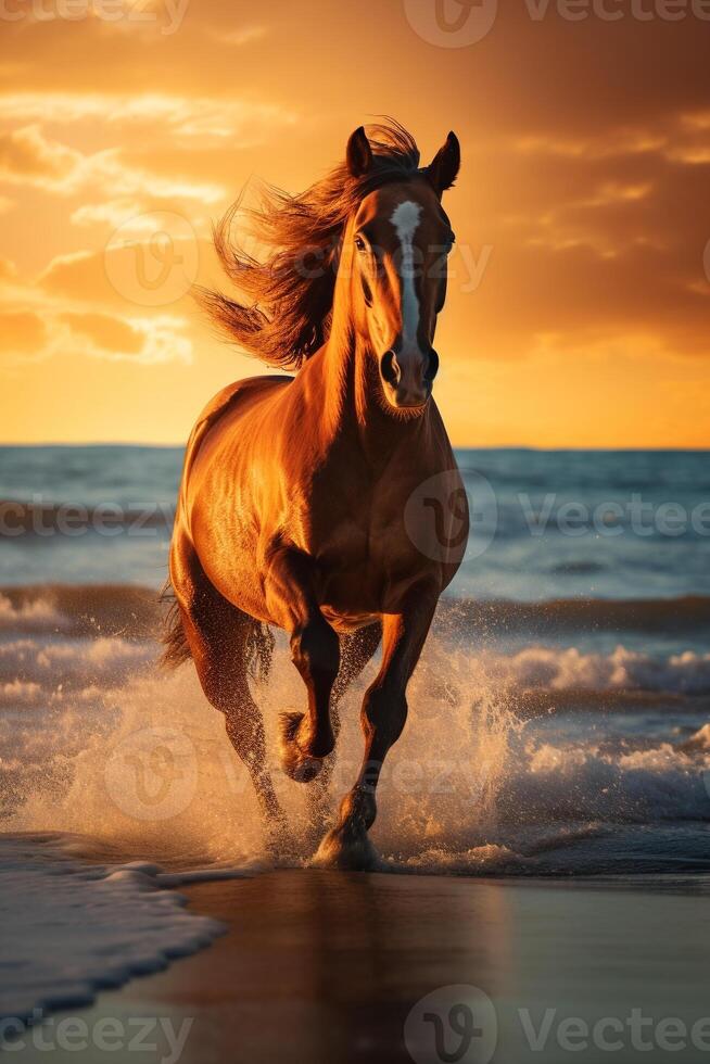 dinámica imagen de un caballo Galopando a través de un arenoso playa en contra un maravilloso puesta de sol ai generativo foto