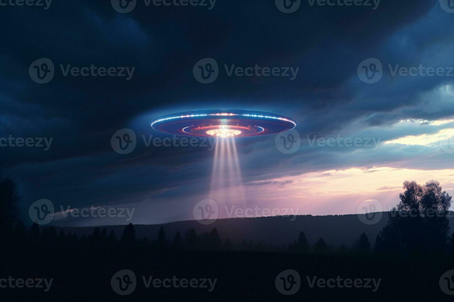 Mysterious UFO sighting in the twilight sky emitting an iridescent glow and mesmerizing light patterns AI Generative photo