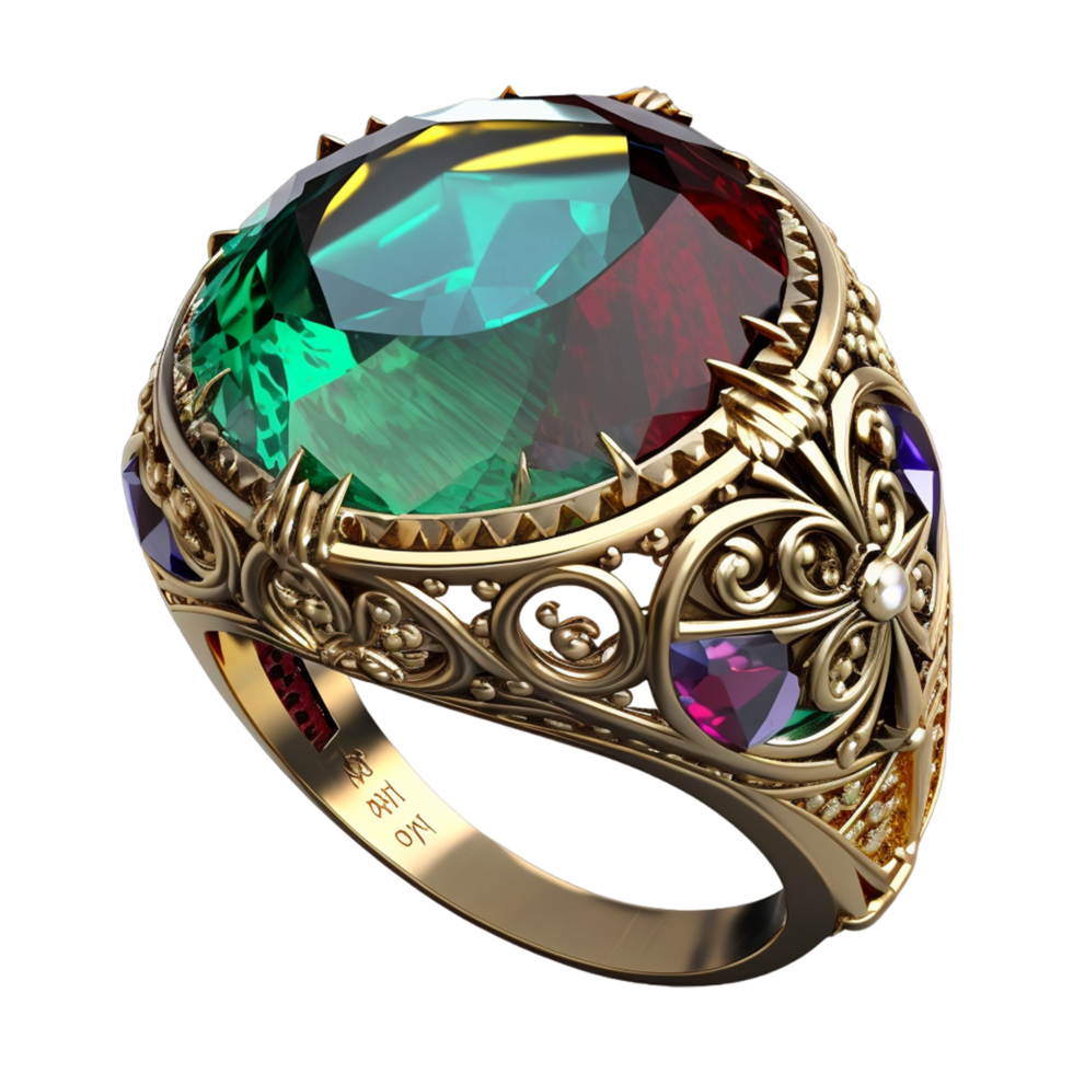 Beautiful ancient golden ring with many various big expensive gemstones Ai Generative png