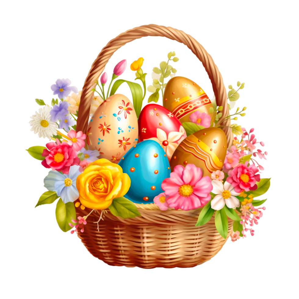 Happy Easter Day Colorful Eggs Basket With Spring Flowers Ai Generative png