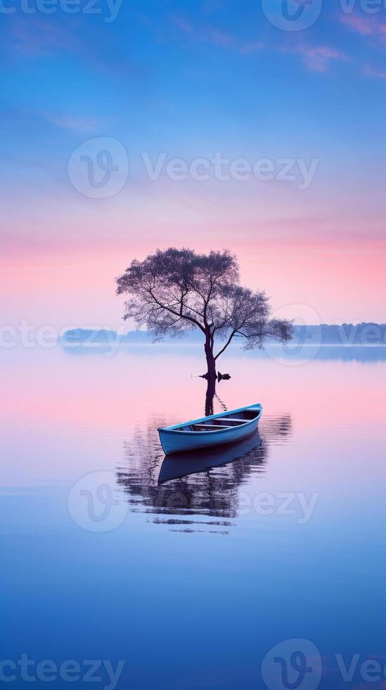 pacífico amanecer terminado un calma lago con un solitario remo barco en el distancia ai generativo foto