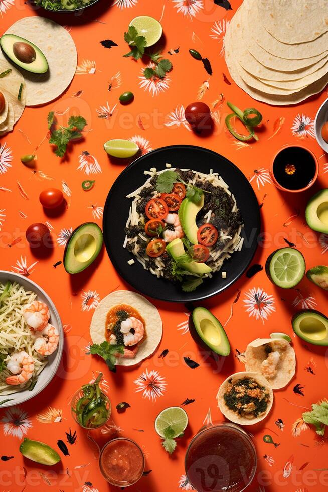 An international feast from above, a unifying spread of sushi, pasta, and tacos on a vibrant tablecloth AI Generative photo