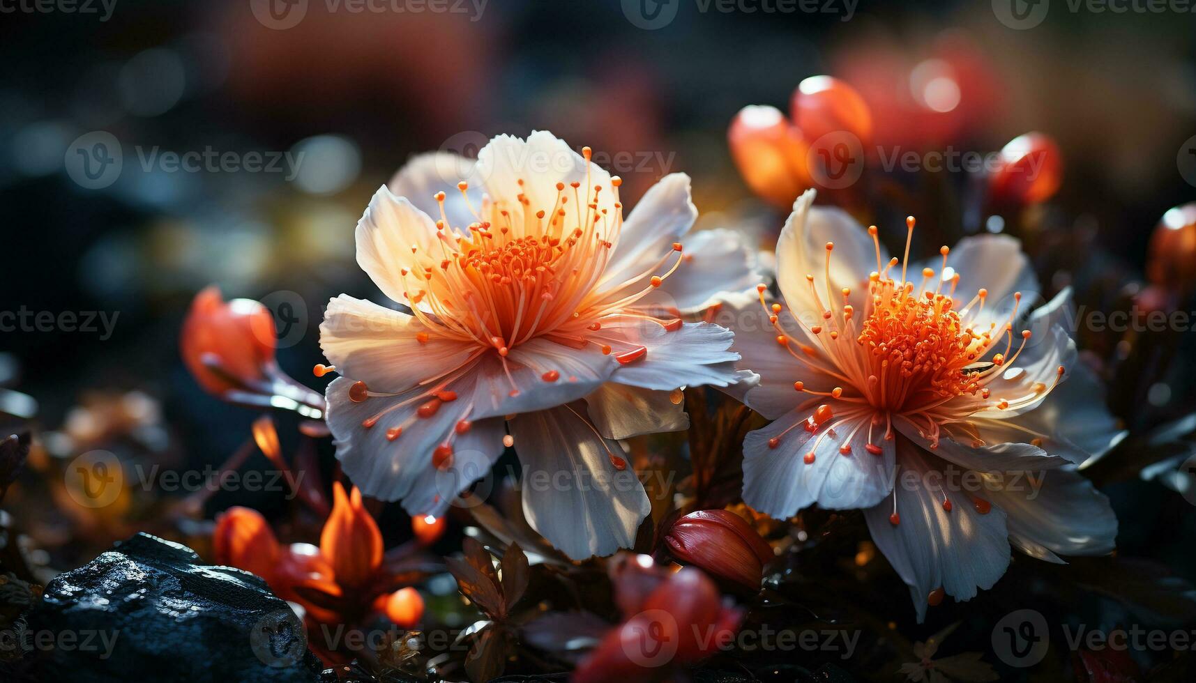 A vibrant bouquet of multi colored flowers glowing in the night