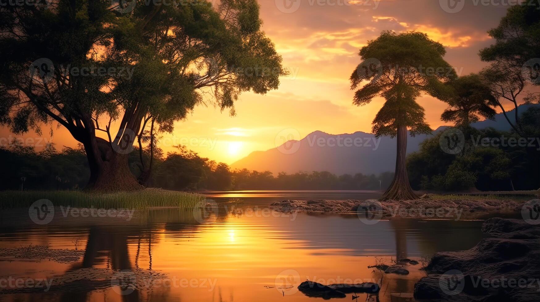 Golden Tranquility Serene Thailand Rice Fields in the Beautiful Evening Sunlight background photo