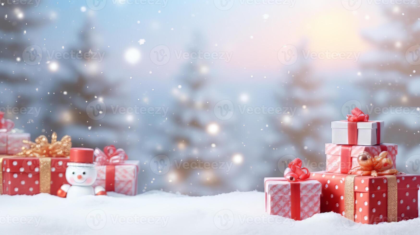 Celebrate Christmas Day with a Festive Christmas Background Snowfall Gift Boxes and Joyful Holiday Season Magic photo