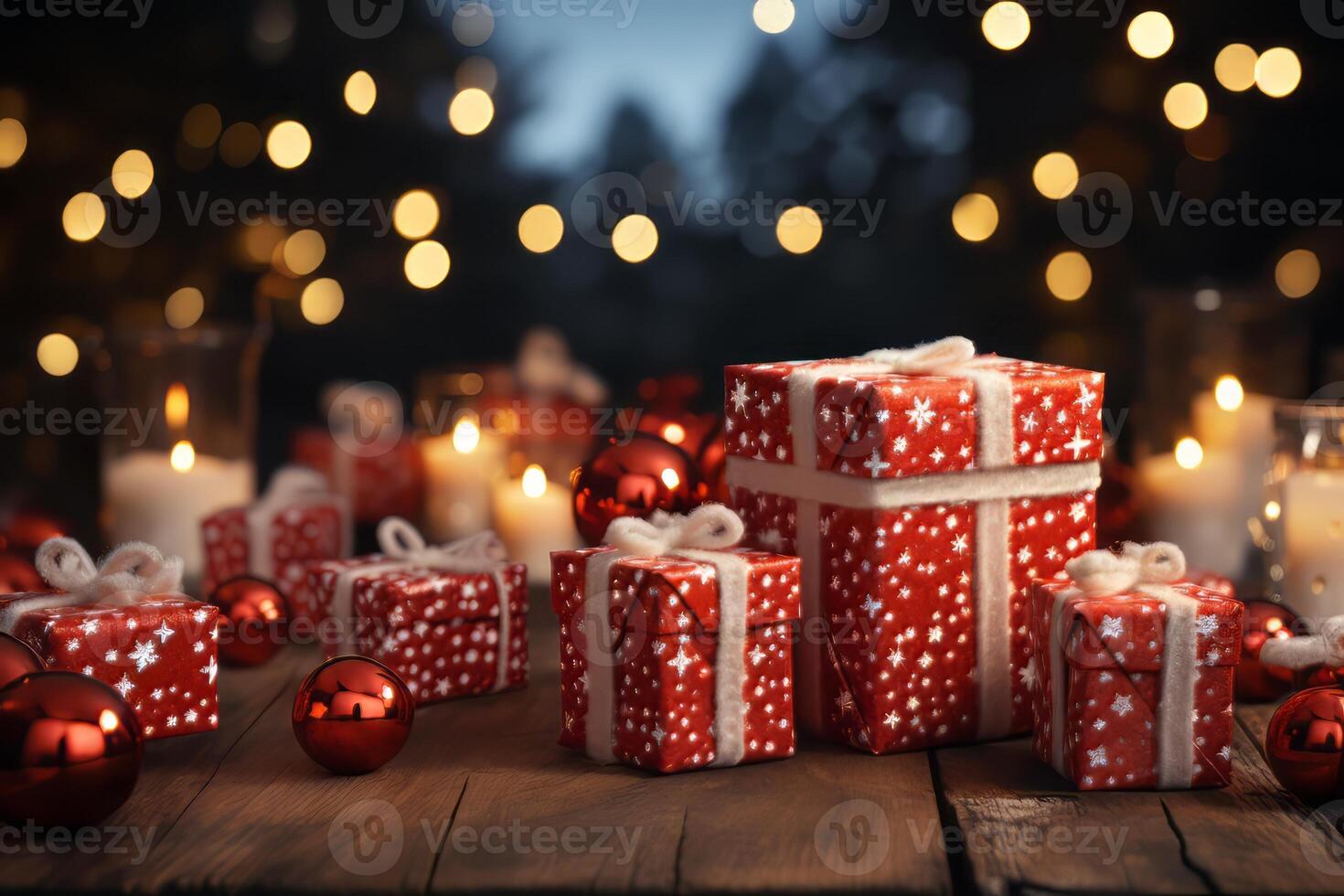 Celebrate Christmas Day with a Festive Christmas Background Snowfall Gift Boxes and Joyful Holiday Season Magic photo