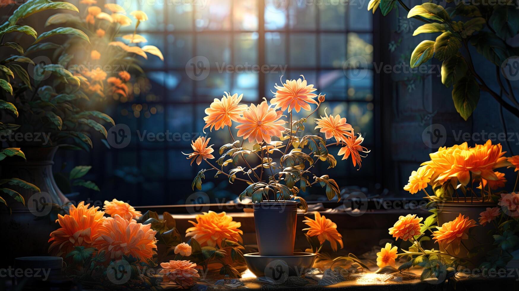 Blooming Beauty Vibrant Flowers in Large Pots, Lighting up Separate Floors with Warm Ambiance photo