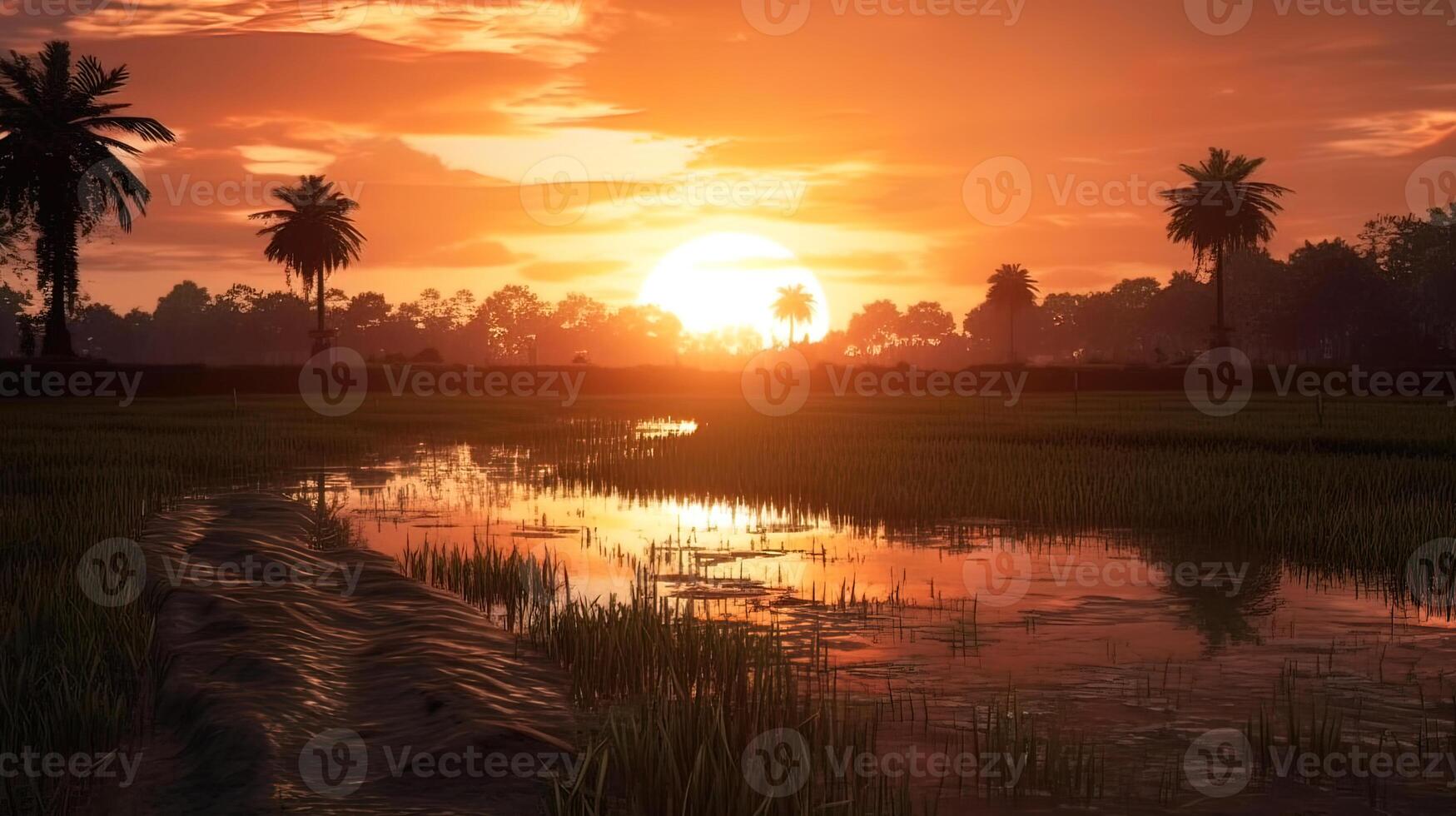 Golden Tranquility Serene Thailand Rice Fields in the Beautiful Evening Sunlight background photo