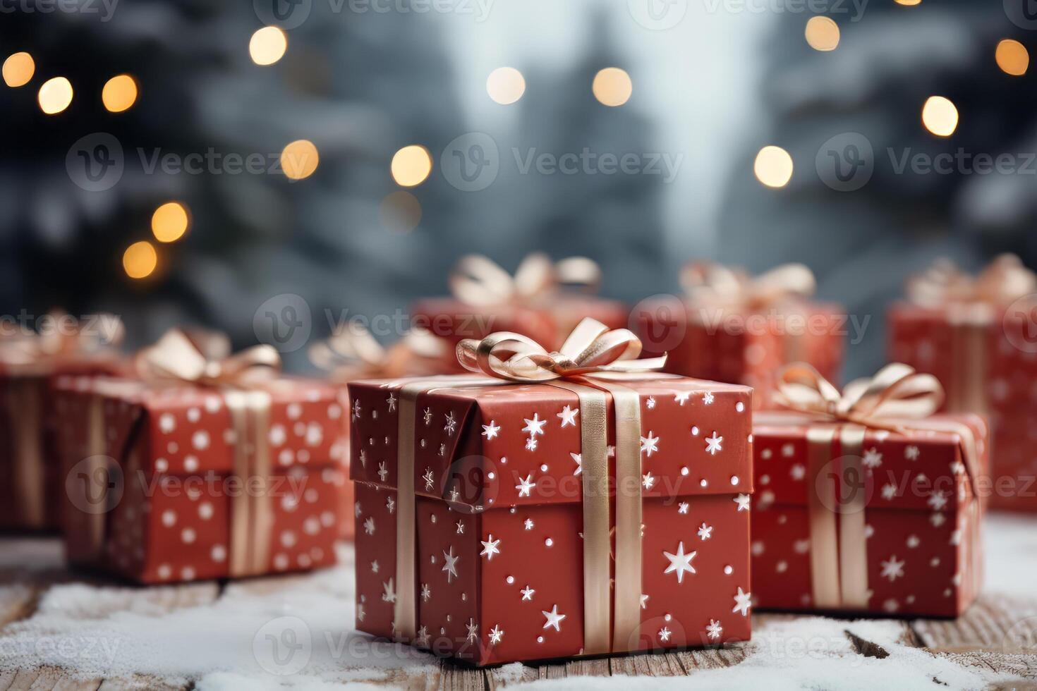 Celebrate Christmas Day with a Festive Christmas Background Snowfall Gift Boxes and Joyful Holiday Season Magic photo