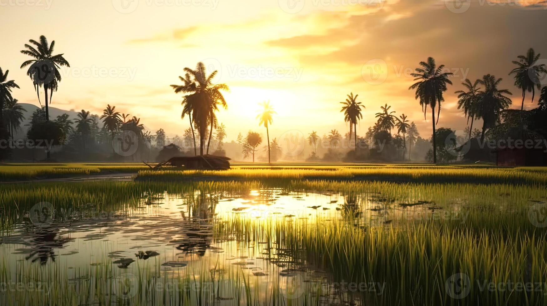 Golden Tranquility Serene Thailand Rice Fields in the Beautiful Evening Sunlight background photo