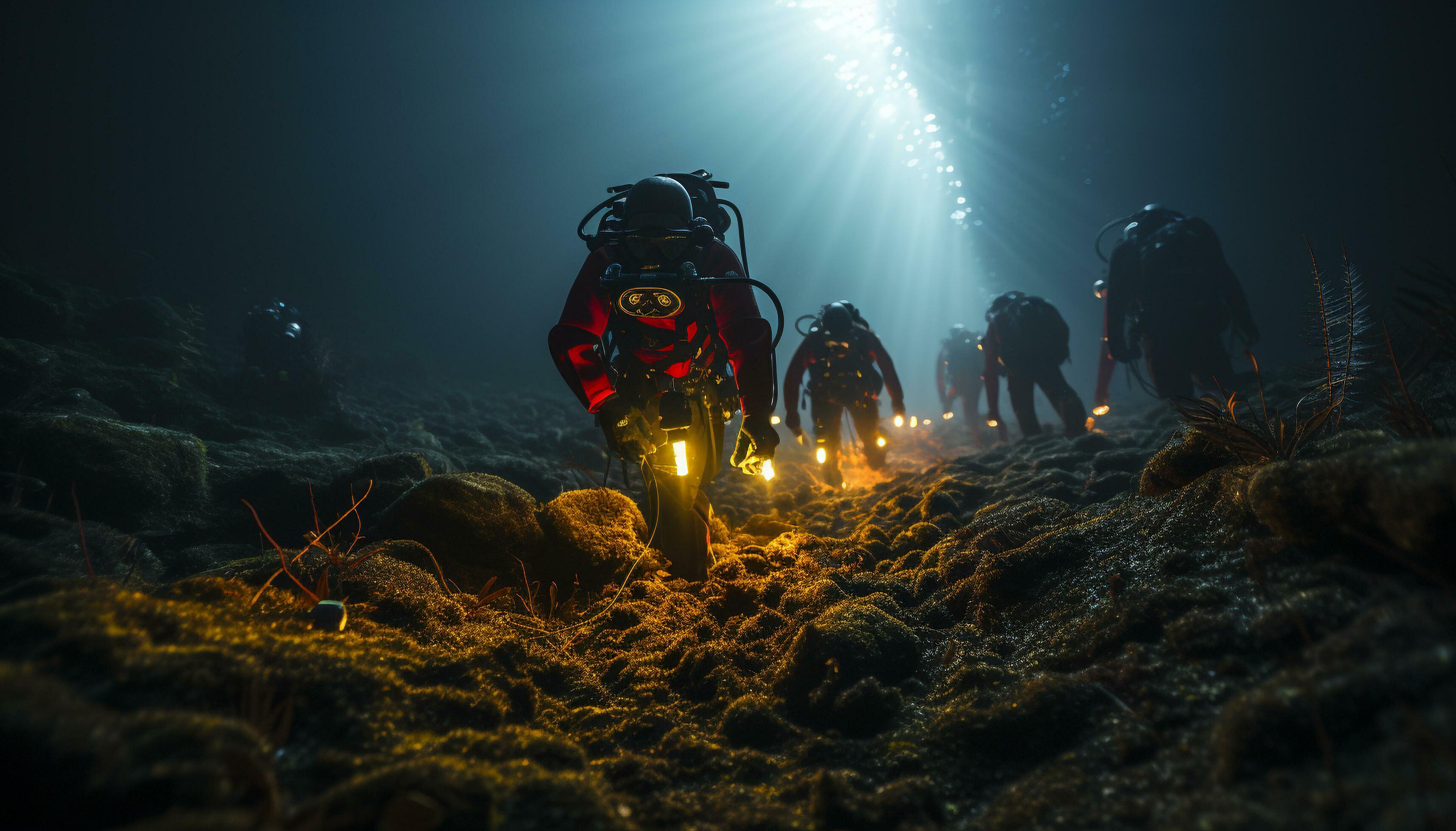 Men diving into dark underwater, exploring deep sea adventure, risking 