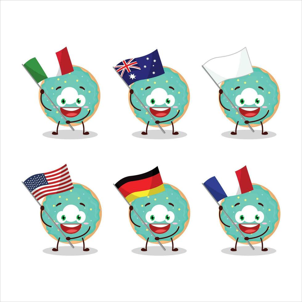 Vanilla blue donut cartoon character bring the flags of various countries vector