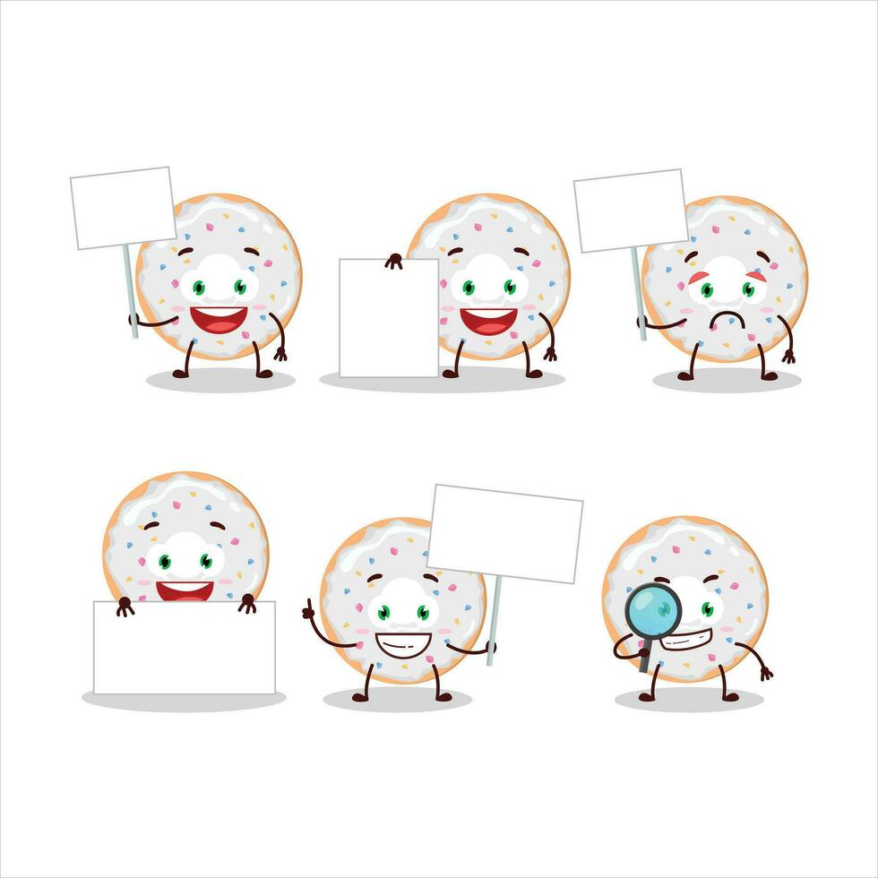 Vanilla donut cartoon character bring information board vector