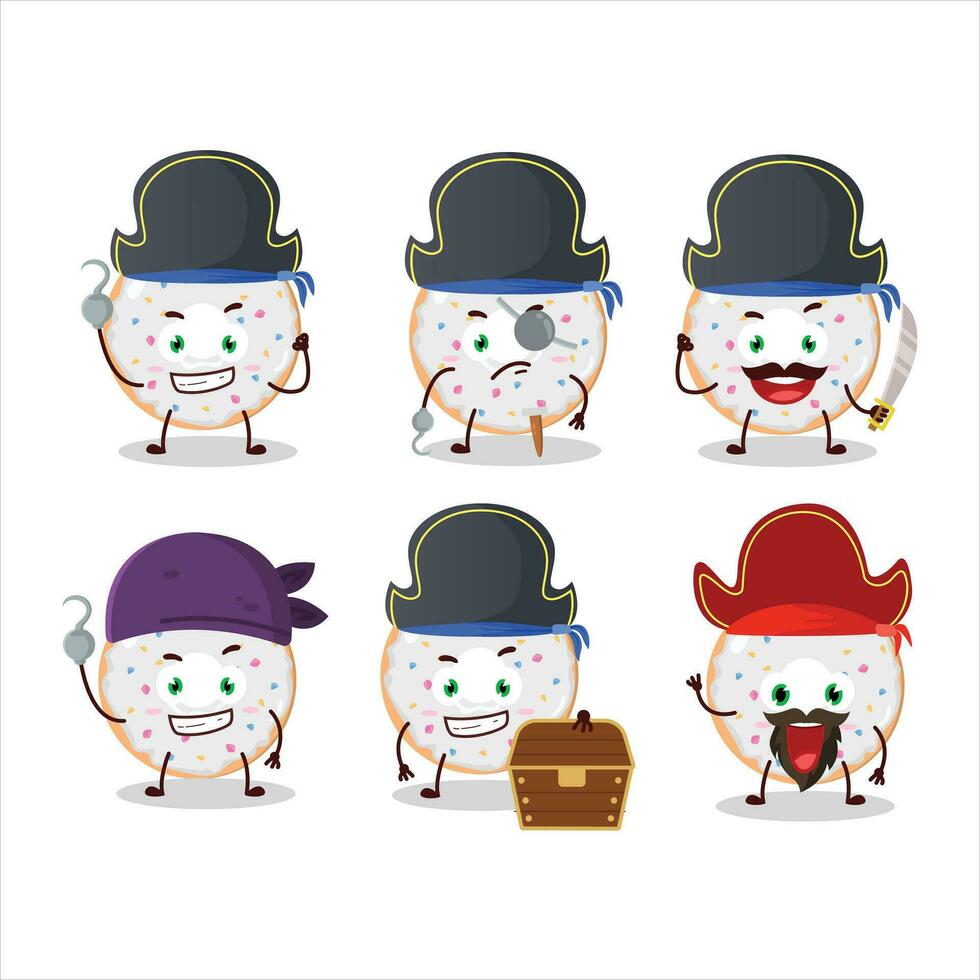 Cartoon character of vanilla donut with various pirates emoticons vector