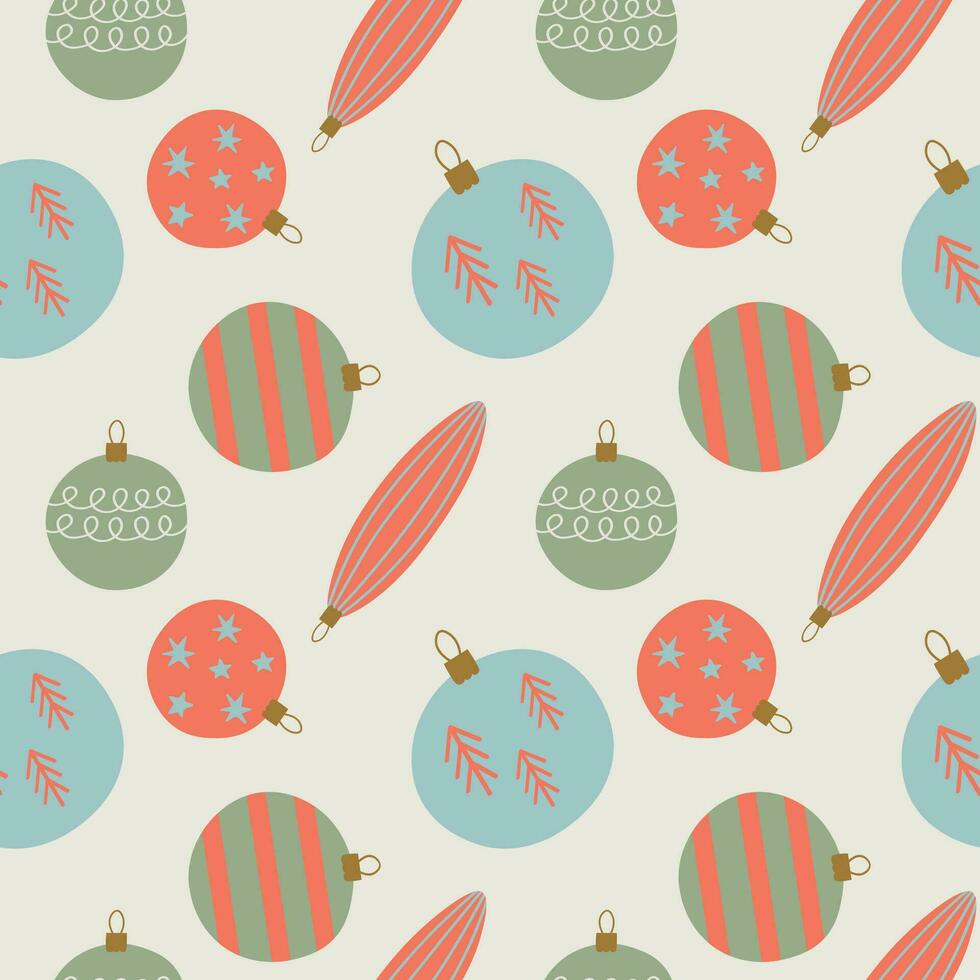 Glass toys for New Year repeating seamless pattern of  winter balls decorative ornament. Hand drawn holiday background for greeting card, textile, packaging, template. Vector illustration  boho style